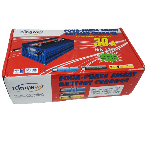 30A 12V Battery Charger Ma-1230 - shown in its blue and white branded cardboard packaging box featuring a picture of the device with a front display.