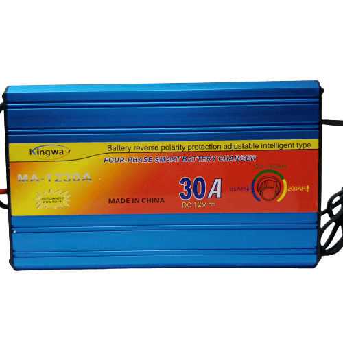 30A 12V Battery Charger Ma-1230 - a rectangular blue metal device with a front panel displaying text, a 30A rating, and a rotary dial for battery capacity.