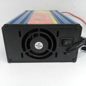 30A 12V Battery Charger Ma-1230 - a black cooling fan, a QC passed sticker, and an on-off power switch with a connected power cable.