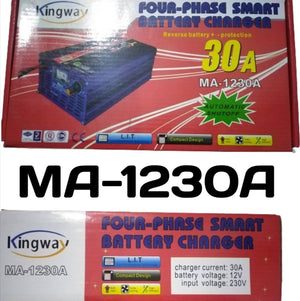 30A 12V Battery Charger Ma-1230 - shown in two views of its red and white retail packaging box displaying product specifications and features.