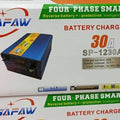 30A 12V Lead-acid Battery Charger - SAFAW 30A 12V Battery Charger SP-1230A shown on its product packaging box, featuring a blue metal charger unit with a digital display and a green switch.
