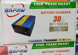 30A 12V Lead-acid Battery Charger - SAFAW 30A 12V Battery Charger SP-1230A shown on its product packaging box, featuring a blue metal charger unit with a digital display and a green switch.
