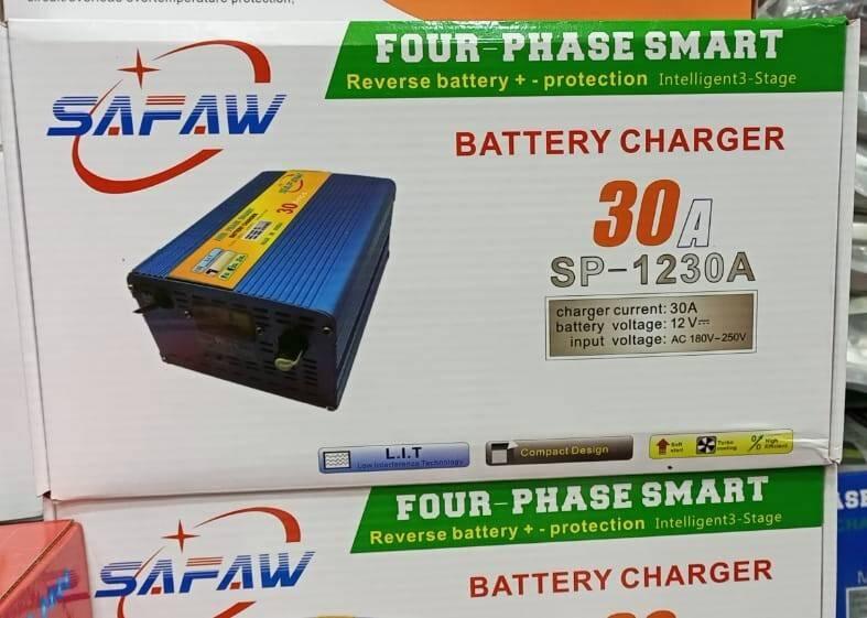 30A 12V Lead-acid Battery Charger - SAFAW 30A 12V Battery Charger SP-1230A shown on its product packaging box, featuring a blue metal charger unit with a digital display and a green switch.