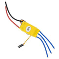 30A Electronic Speed Controller Esc For Brushless BLDC Motors - a yellow body with a 30A label, red and black power wires, and three blue motor wires.