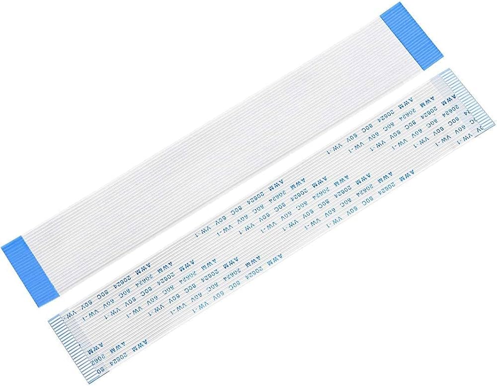 30cm 24 Pin 1mm Pitch FCC Cable - two white flexible flat cables with blue reinforcement tabs at each end, laid diagonally on a white background.