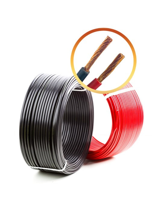 30cm 6mm Flexible DC Copper Wire - shown as two coiled spools of black and red wire with a circular inset highlighting the exposed copper strands.