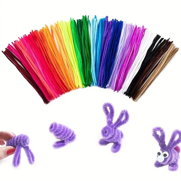 30cm Length Randomly Bended Polyester Hair Root Hair Strip Twist Sticks - shown as a fan-shaped collection of colorful pipe cleaners with purple bunnies.