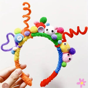 30cm Length Randomly Bended Polyester Hair Root Hair Strip Twist Sticks - fashioned into a colorful, decorative headband adorned with pom-poms and buttons.