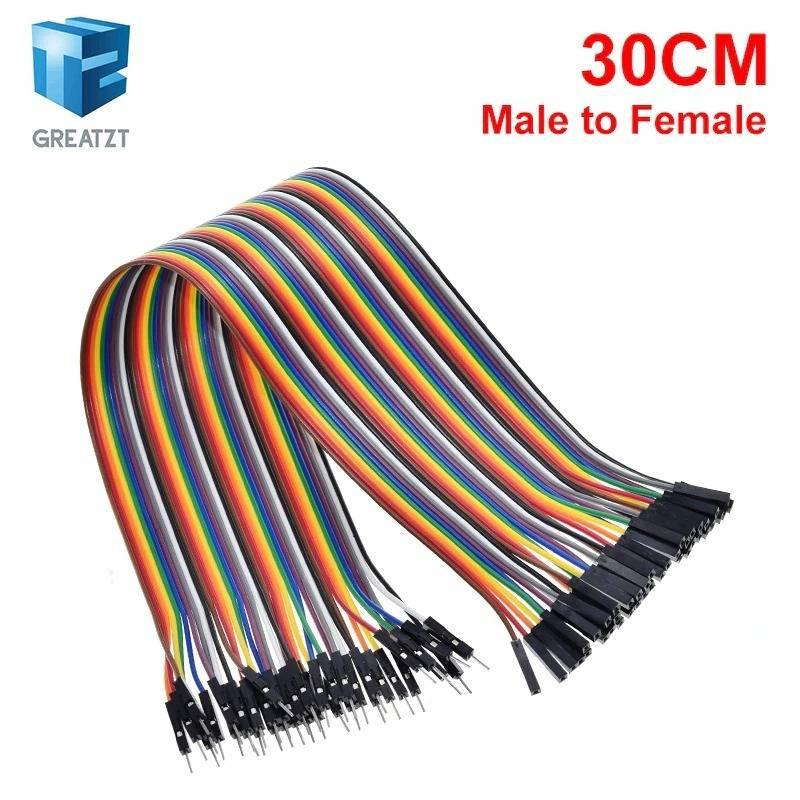 30cm Pin To Hole Arduino Jumper Wire Dupont - a multi-coloured ribbon of 30cm male-to-female jumper wires with black connector housings.