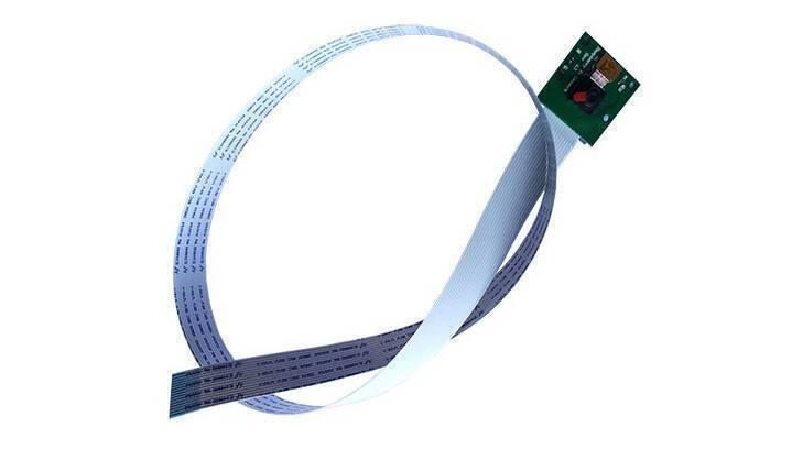 30cm Raspberry Pi Ffc Camera Cable - a white flat ribbon cable attached to a small green circuit board with a black camera sensor.