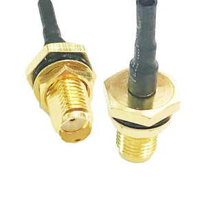 30mm Length For 2mm Size 1st Generation Ipex To SMA Female Antenna Connector - two gold-colored SMA female connectors with attached black cables.