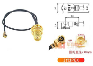 30mm Length For 2mm Size 1st Generation Ipex To SMA Female Antenna Connector - a gold SMA female connector, black cable, and a dimension diagram.