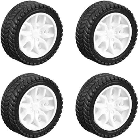30mm Toy Wheel Tyre Tire Rubber Coated Wheel Simulation Wheel DIY Toy Accessories - a set of four black rubber-coated wheels with white plastic rims arranged in a two-by-two grid.