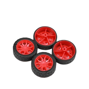 30mm Toy Wheel Tyre Tire Rubber Coated Wheel Simulation Wheel DIY Toy Accessories - a set of four small toy wheels with red plastic rims and black rubber tires on a white background.
