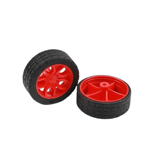 30mm Toy Wheel Tyre Tire Rubber Coated Wheel Simulation Wheel DIY Toy Accessories - two small wheels with red plastic rims and black rubber tires with a textured tread pattern.