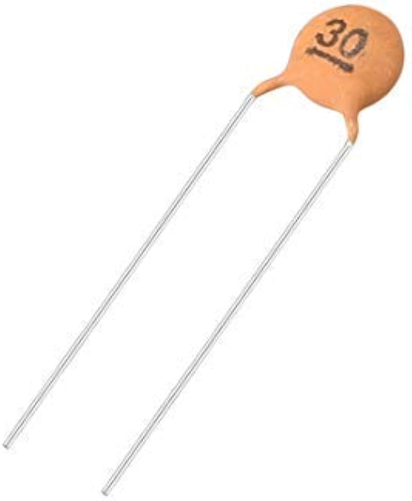 30pF Ceramic Capacitor - a small tan-coloured disc capacitor with two long metal wire leads and the number 30 printed on its top surface.