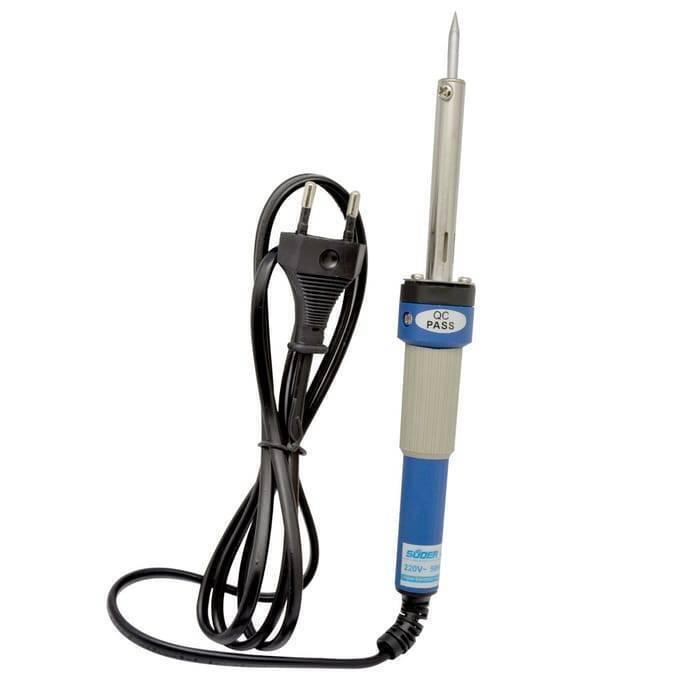 30W Soldering Iron - with a blue and grey handle, a metal tip, and a black power cord with a two-pin plug against a white background.