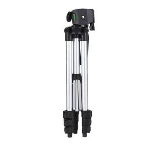 3110 Tripod Adjustable Portable Scalable Pan Head Tripod Mount Bracket Holder Fold Able Tripod Stand For Camcorders Dslr Camera For Smart Phone - a folded silver and black camera stand featuring a pan head with a small green bubble level and adjustable leg locks.