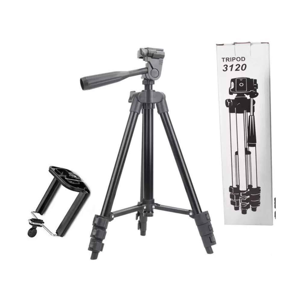 3120 Adjustable Tripod Stand With Mobile Holder For Camera And Phones - a black tripod with a pan-tilt handle, a separate mobile phone clamp, and its retail box.