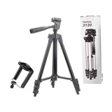3120 Adjustable Tripod Stand With Mobile Holder For Camera And Phones - a black tripod with a pan-tilt handle, a separate mobile phone clamp, and its retail box.