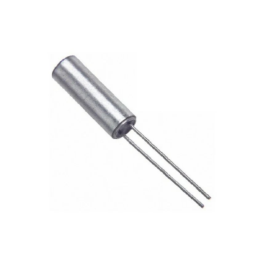 32.768kHz Cylindrical Crystal Oscillator - shown as a silver-coloured cylindrical component with two thin metal leads extending from one end.