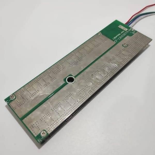 32650 Cell 4s BMS 100A 12V Battery Charging Module Cf 12V100TA a PCB Protection Board - a green rectangular PCB with two large metal plates, mounting holes, and attached colored wires.