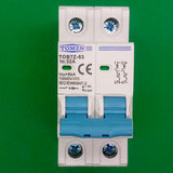 32A Tomzn Tob7z-63 2p DC 1000V Solar Circuit Breaker - Reliable Protection For Solar System - a white two-pole electrical switch with blue toggles, terminal screws, and printed technical specifications.
