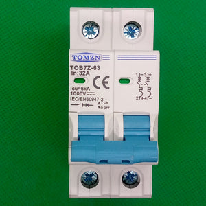 32A Tomzn Tob7z-63 2p DC 1000V Solar Circuit Breaker - Reliable Protection For Solar System - a white two-pole electrical switch with blue toggles, terminal screws, and printed technical specifications.
