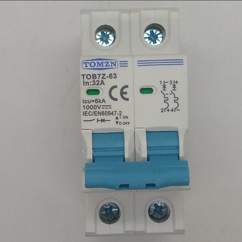 32A Tomzn Tob7z-63 2p DC 1000V Solar Circuit Breaker - Reliable Protection For Solar System - a white two-pole electrical switch with blue toggles, screw terminals, and printed technical specifications.
