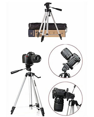330A Tripod Mobile + Camera Stand Professional Stand For Tik Tokers & Youtubers - a silver tripod with a black head, a carrying bag, a box, and close-ups of a camera mounted in different angles.