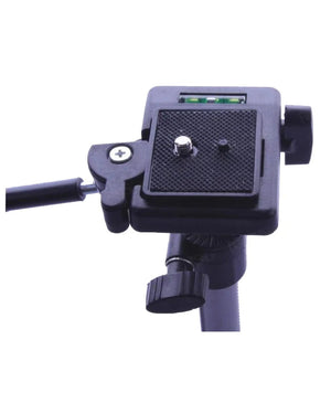 330A Tripod Mobile + Camera Stand Professional Stand For Tik Tokers & Youtubers - a close-up of the black plastic tripod head featuring a mounting plate, adjustment knobs, and a built-in spirit level.