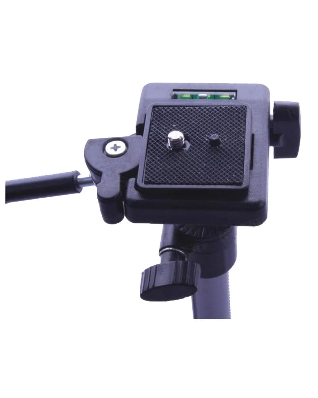 330A Tripod Mobile + Camera Stand Professional Stand For Tik Tokers & Youtubers - a close-up of the black plastic tripod head featuring a mounting plate, adjustment knobs, and a built-in spirit level.