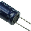 330uF 25V Electrolytic Capacitor - a dark blue cylindrical electronic component with two wire leads, showing printed text including 330µF, 25V, and 85°C.