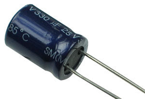 330uF 25V Electrolytic Capacitor - a dark blue cylindrical electronic component with two wire leads, showing printed text including 330µF, 25V, and 85°C.