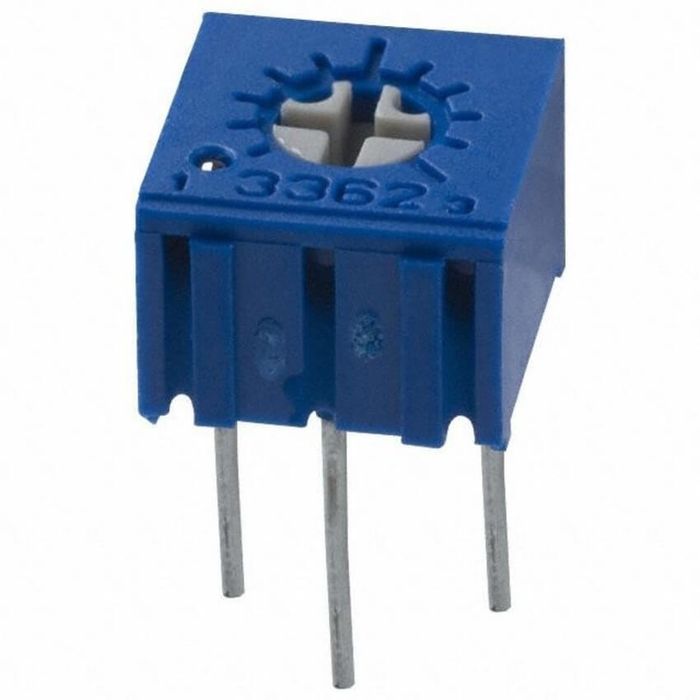3362P 10k Variable Resistor Trimming Potentiometer - a blue, square-shaped electronic component with three metal pins and a top-mounted adjustment screw.
