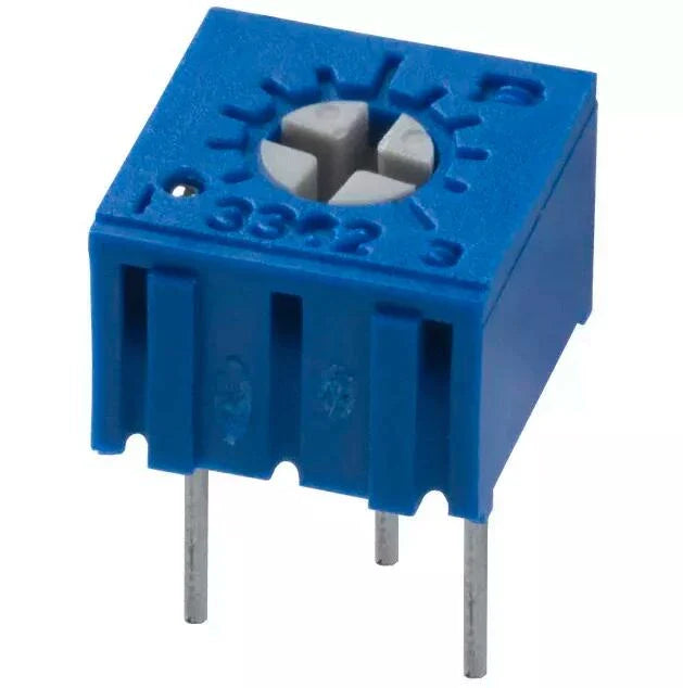 3362P 5k Variable Resistor Trimming Potentiometer - a blue square-shaped electronic component with a white cross-head adjustment screw and three metal pins.