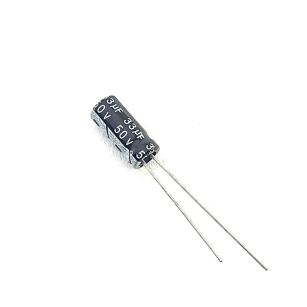 33uF 50V Through Hole Electrolytic Capacitor - a small black cylindrical component with two long metal wire leads and white printed text.