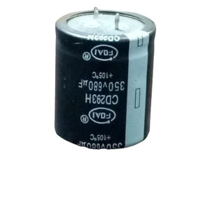350V 680uF Capacitor - a black cylindrical electrolytic capacitor with two metal pins on top and white printed specifications including 105°C rating.