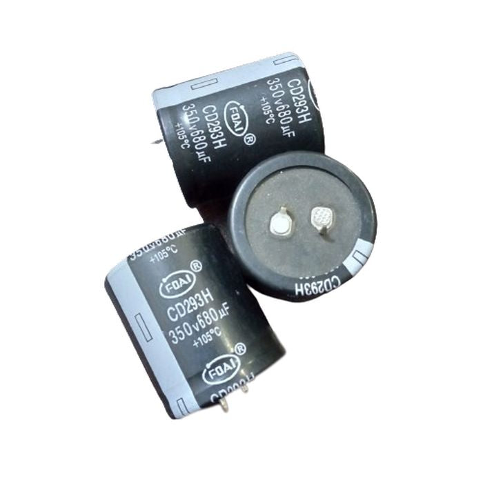 350V 680uF Capacitor - three black cylindrical electrolytic capacitors with two-pin terminals, labeled CD293H, 350V, 680µF, and +105°C.