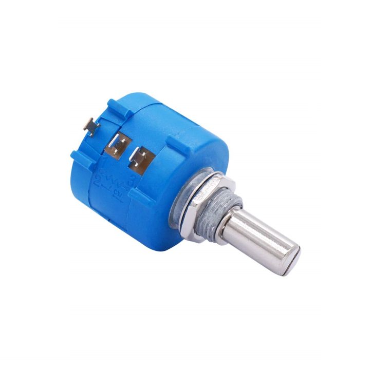 3590S-104L 100k Ohm Precision Variable Resistor Potentiometer Wire-wound Multi-turn - a blue cylindrical component with a metal shaft and three gold-colored connection pins.