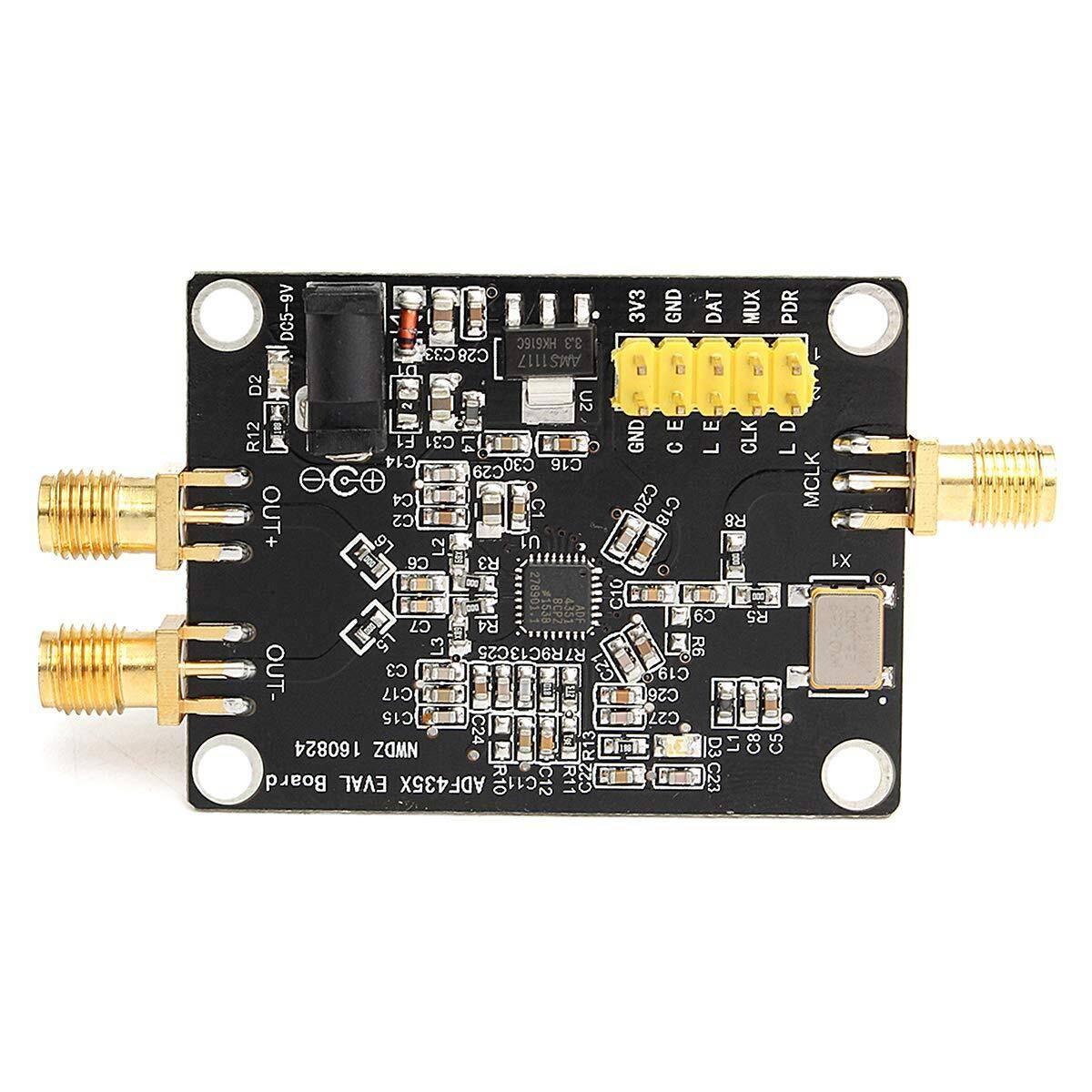 35M-4.4GHz Pll RF Signal Source Frequency Synthesizer ADF4351 Development Board - a black rectangular circuit board with two SMA output connectors, a power jack, and a yellow header pin array.