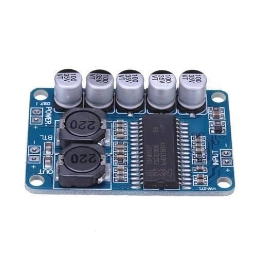 35W Digital Amplifier Board TDA8932 Mono Audio Power Amplifier Module Low Power Consumption - a blue rectangular circuit board with five capacitors, two inductors, and input/output power terminals.