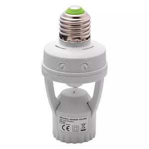 360 Degree PIR Induction Motion Sensor Blub Holder - a white E27 screw-in socket featuring adjustable Time and Lux control dials on the front.
