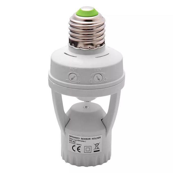 360 Degree PIR Induction Motion Sensor Blub Holder - a white E27 screw-in socket featuring adjustable Time and Lux control dials on the front.