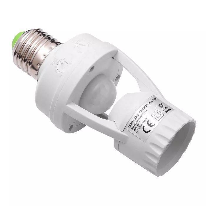 360 Degree PIR Induction Motion Sensor Blub Holder - a white E27 screw-in adapter with a central motion sensor dome and two adjustment dials on the base.