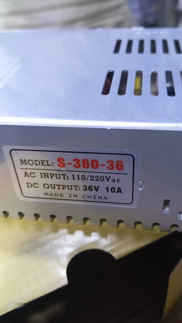 36V 10A Power Supply - shown in a close-up of its silver metal casing, featuring a label that reads "MODEL: S-360-36, AC INPUT: 110/220Vac, DC OUTPUT: 36V 10A".