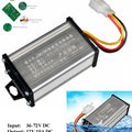 36V/48V/60V/64V/72V To 12V 10A DC Converter Adapter Step Down Regulator DC To DC - a silver rectangular metal module with three wires ending in a white plastic connector, shown with inset component views.