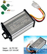 36V/48V/60V/64V/72V To 12V 10A DC Converter Adapter Step Down Regulator DC To DC - a silver rectangular metal module with three wires ending in a white plastic connector, shown with inset component views.