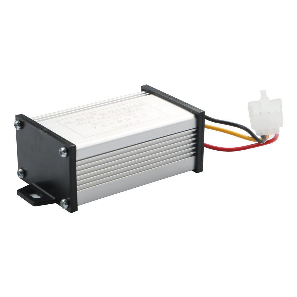 36V/48V/60V/64V/72V To 12V 10A DC Converter Adapter Step Down Regulator DC To DC - a silver rectangular metal housing with black end caps, three colored wires, and a white plastic connector.