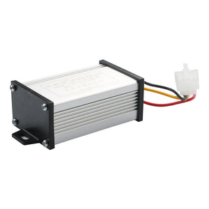 36V/48V/60V/64V/72V To 12V 10A DC Converter Adapter Step Down Regulator DC To DC - a silver rectangular metal housing with black end caps, three colored wires, and a white plastic connector.